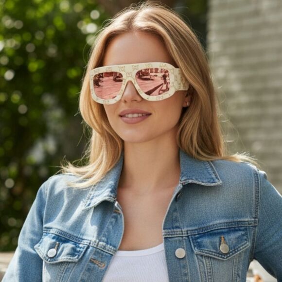 Gucci Designer Cream Gold Logo Statment Sunglasses Italy main image 8